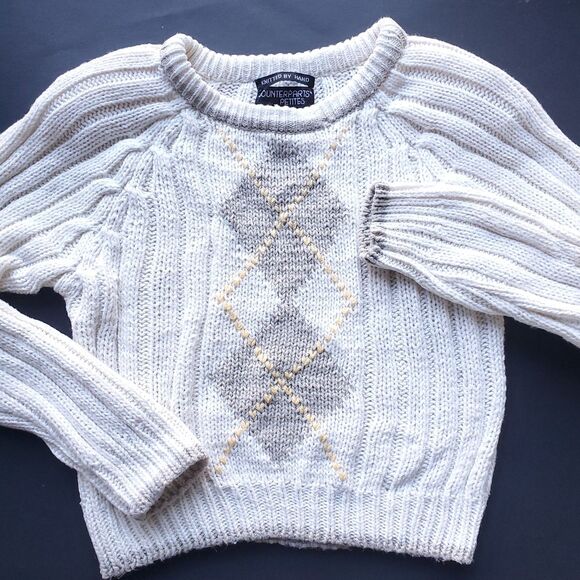 Counterparts Sweaters - Vintage 90s Hand Knit Cropped Sweater XS Petite Long Sleeve Argyle Chunky Preppy